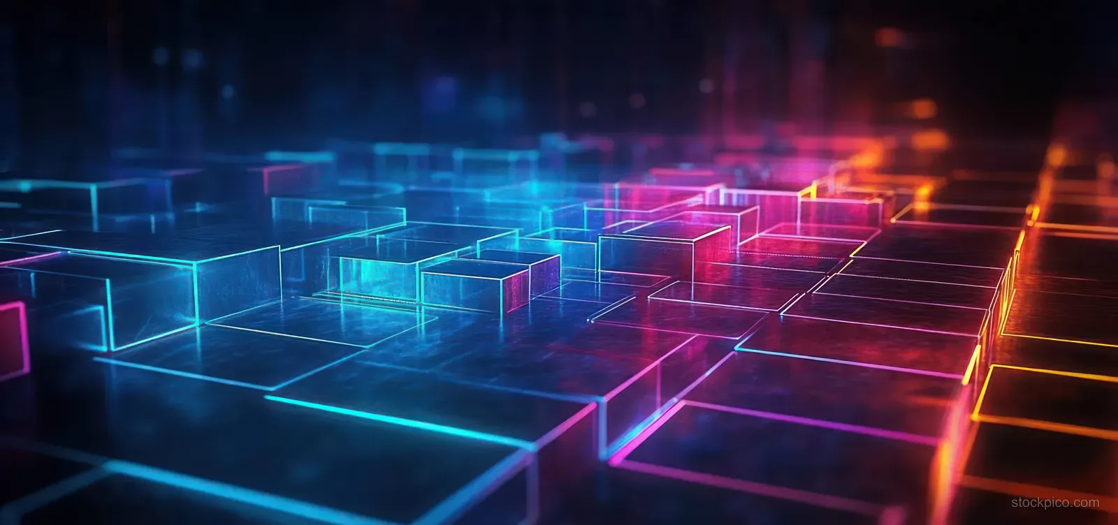 A glowing neon cube grid with blue and magenta edges and light trails across a dark cyberpunk space.