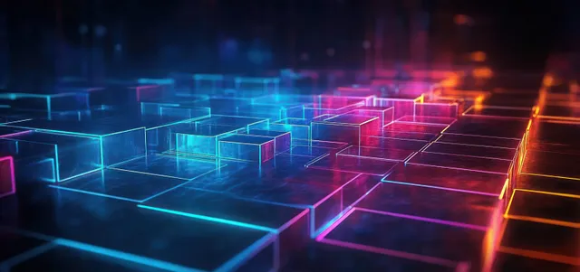 Neon cyberpunk cubes grid glowing with blue and magenta light trails in dark space