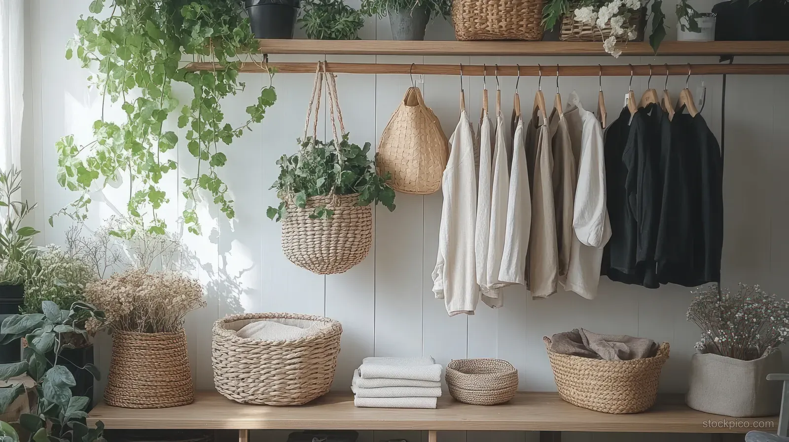 A minimalist Scandinavian interior showcases an organized clothing rack with organic cotton and hemp garments in soft daylight.
