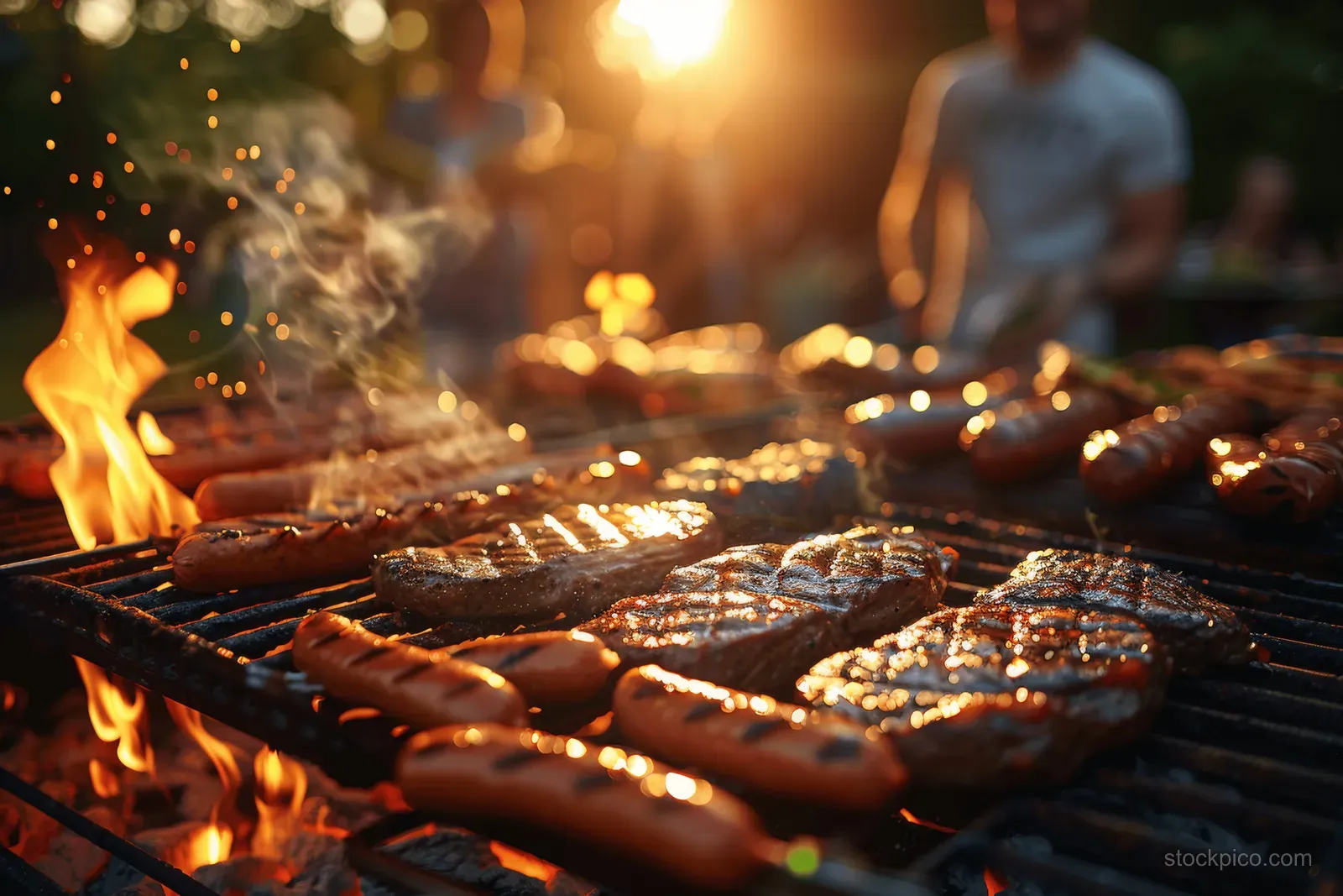 Sizzling steaks and burgers on a backyard grill with orange flames and glowing coals at sunset.