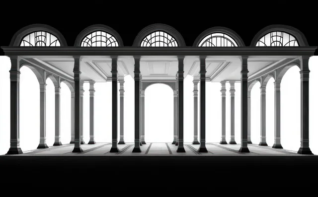 A symmetrical classical white hall with tall columns, arched openings, and bright window light illuminating empty space.