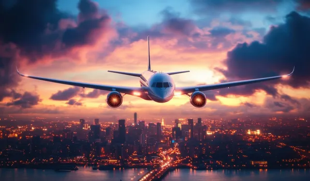 Airplane descending toward city skyline at sunset, wing lights glowing through evening clouds