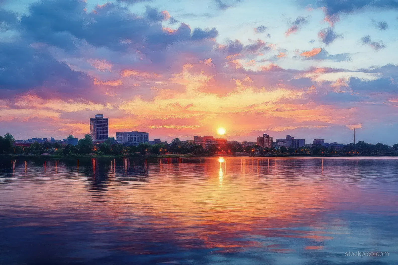 Downtown Evansville skyline reflected on the Ohio River under a glowing sunset sky.