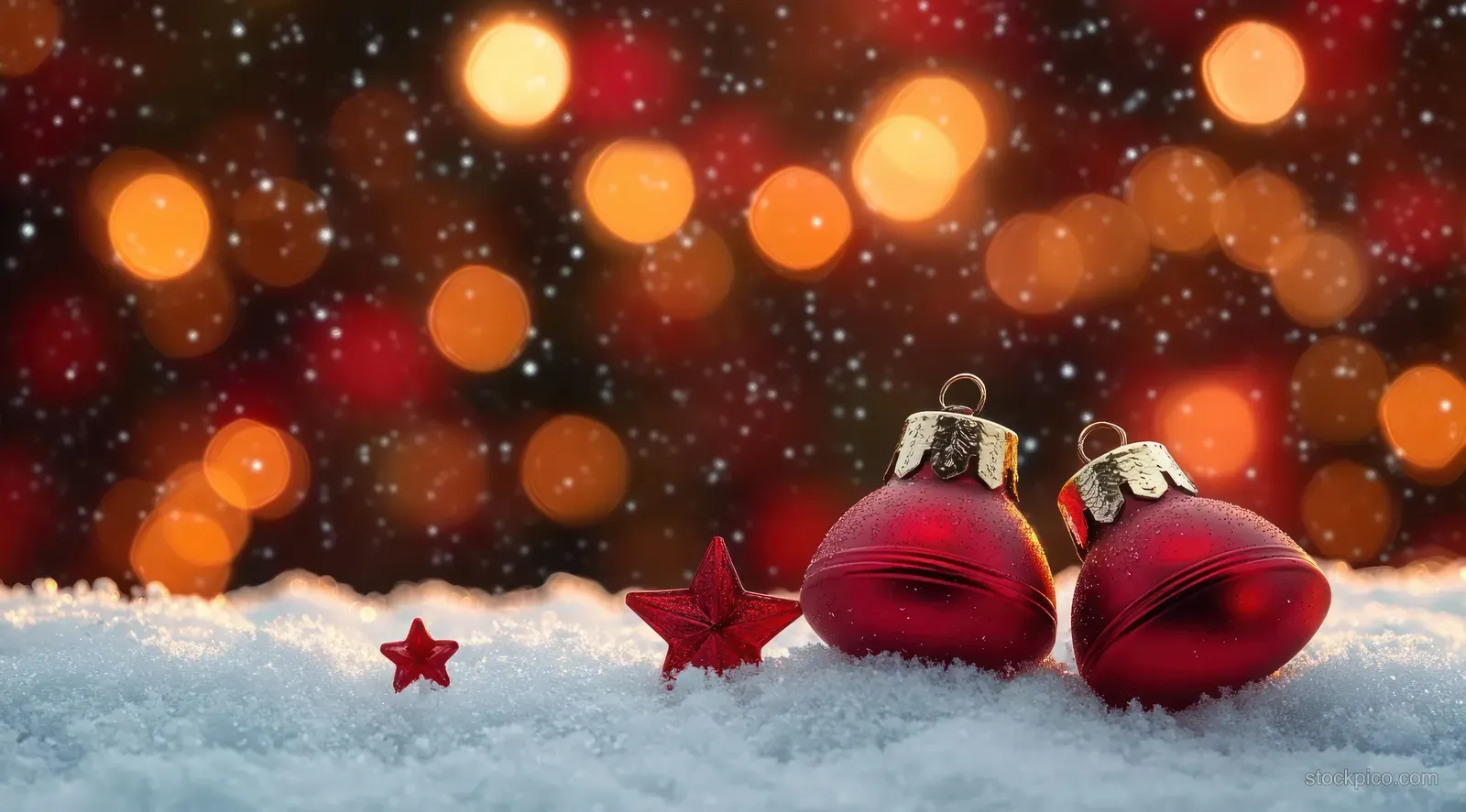 Red Christmas bells and ornaments rest on snowy ground with warm bokeh lights in the dark background.