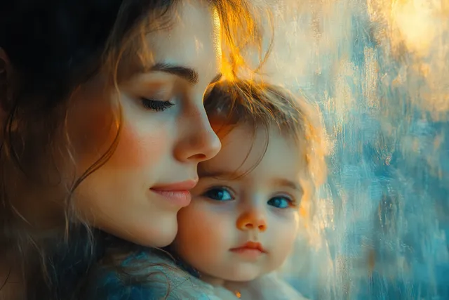 Exhausted young mother cradling a newborn baby at home with soft light