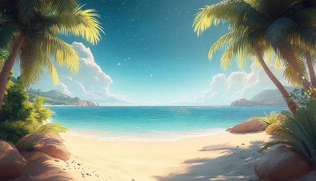 Tropical beach with palm trees framing calm turquoise water under a bright blue sky