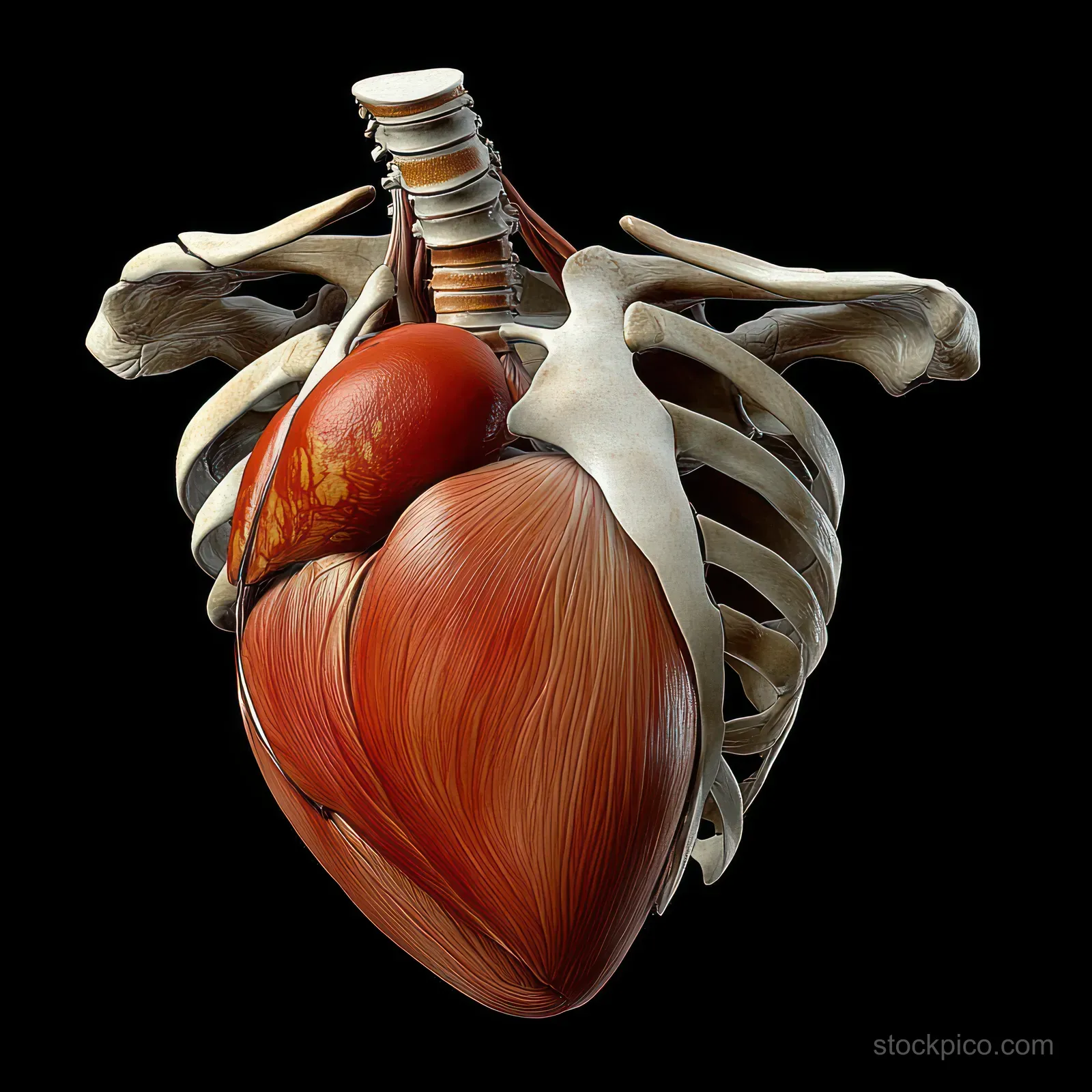 An anatomical render showing a red heart inside a visible ribcage with detailed muscle layers on a dark background.