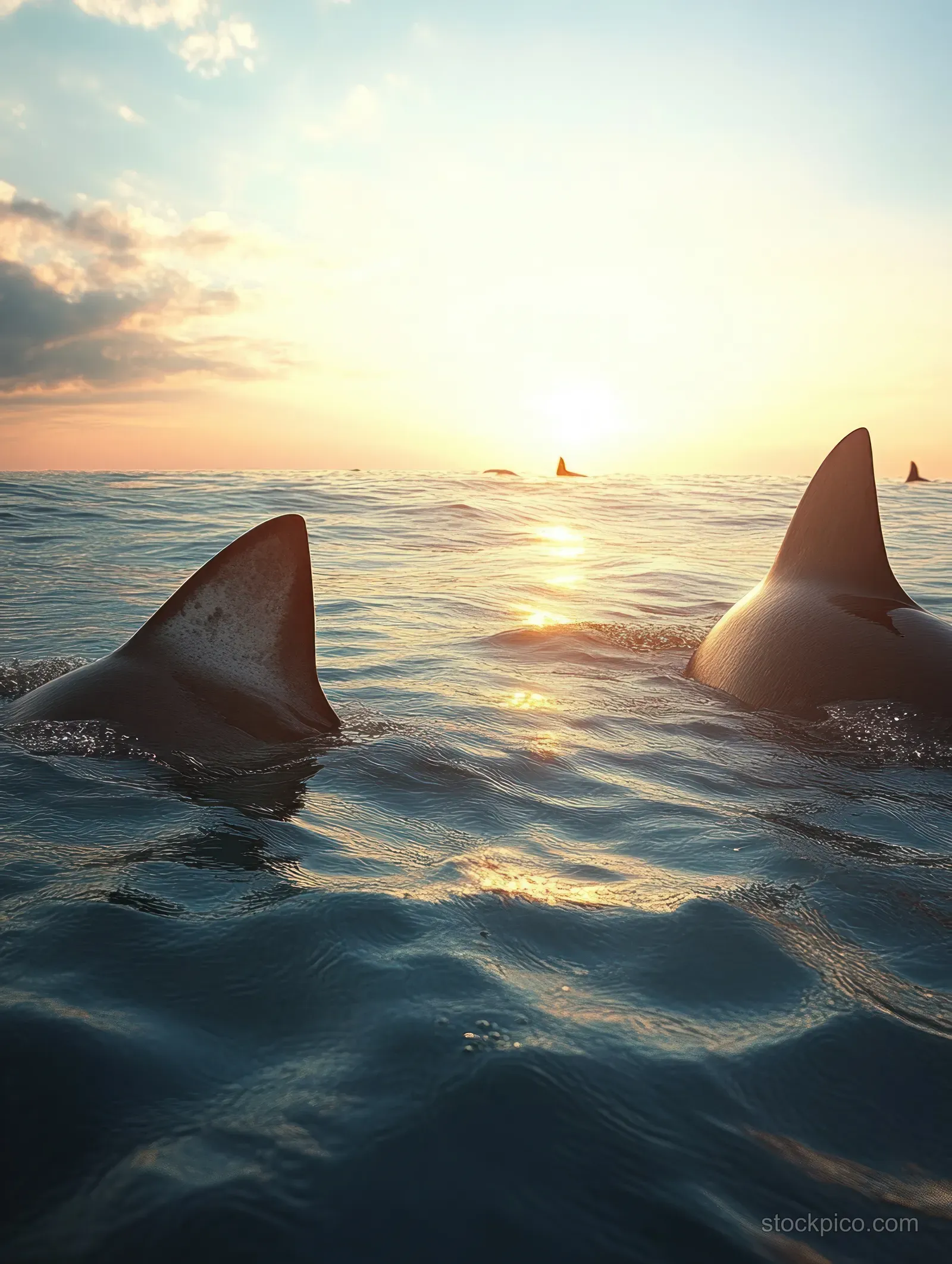 Two sharks swim near the ocean surface with dorsal fins visible as sunlight reflects on the waves at sunset.