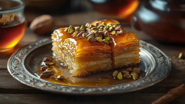 Golden syrup-soaked pistachio pastry on an ornate plate with a warm tea beverage softly blurred in the background.