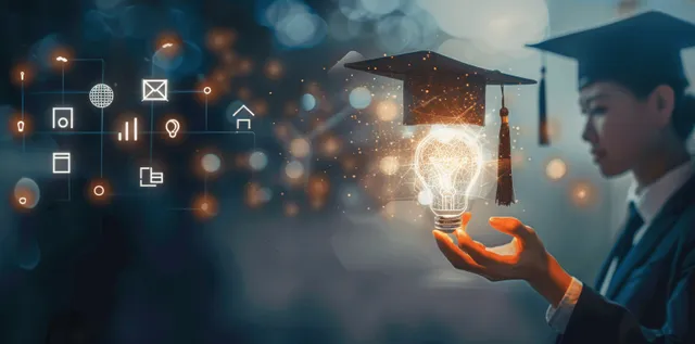 An instructor gestures at a glowing AI tutor icon while digital learning analytics symbols float in the background.