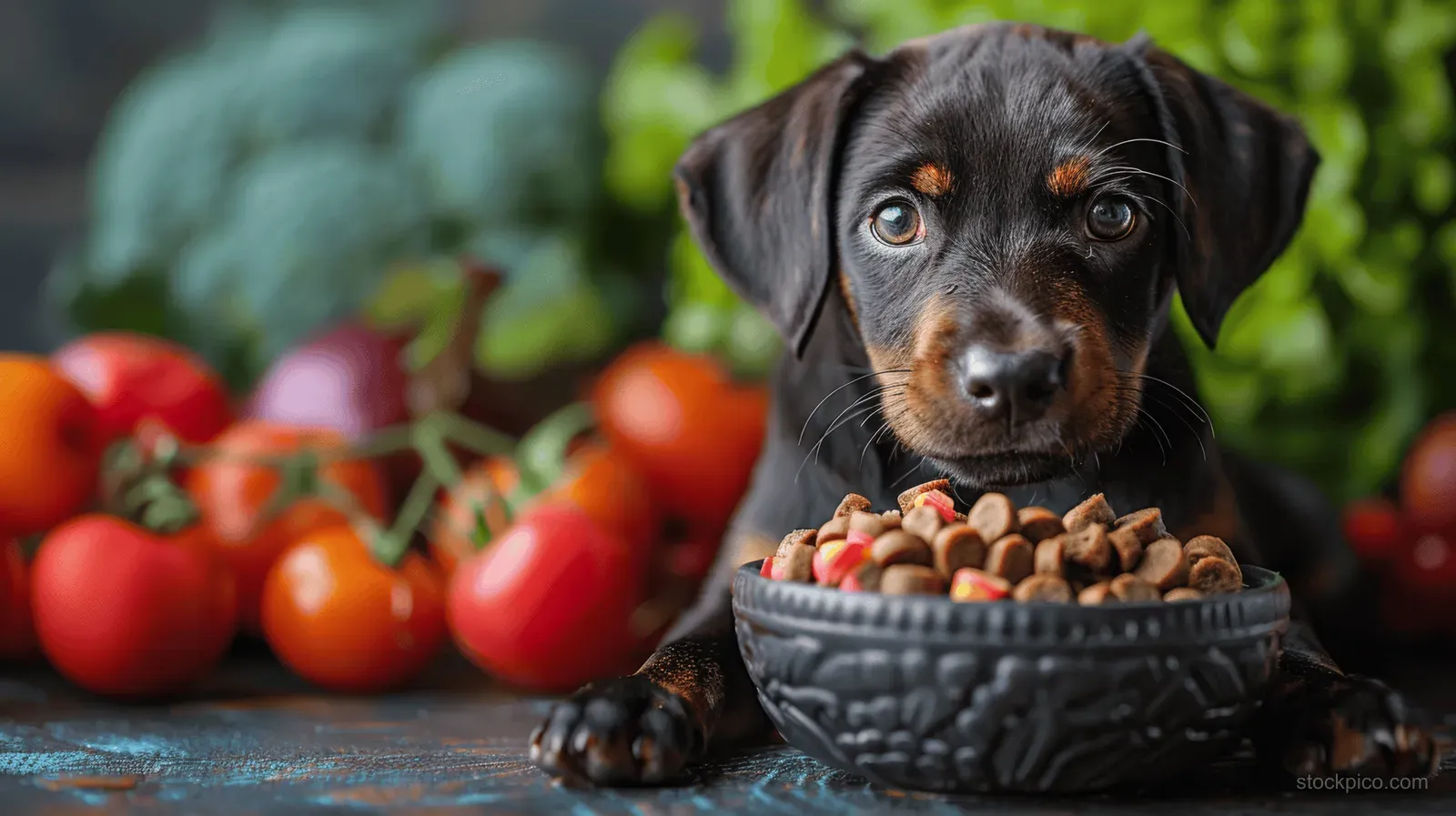 A Labrador puppy eating dry dog food from a bowl surrounded by fresh vegetables on a green background.