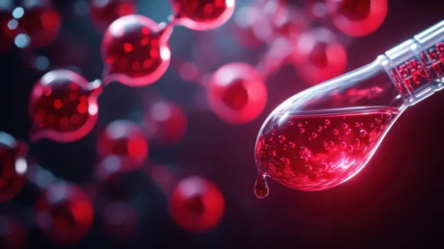 A glass dropper releases a red droplet with glowing molecular spheres in a deep red background.