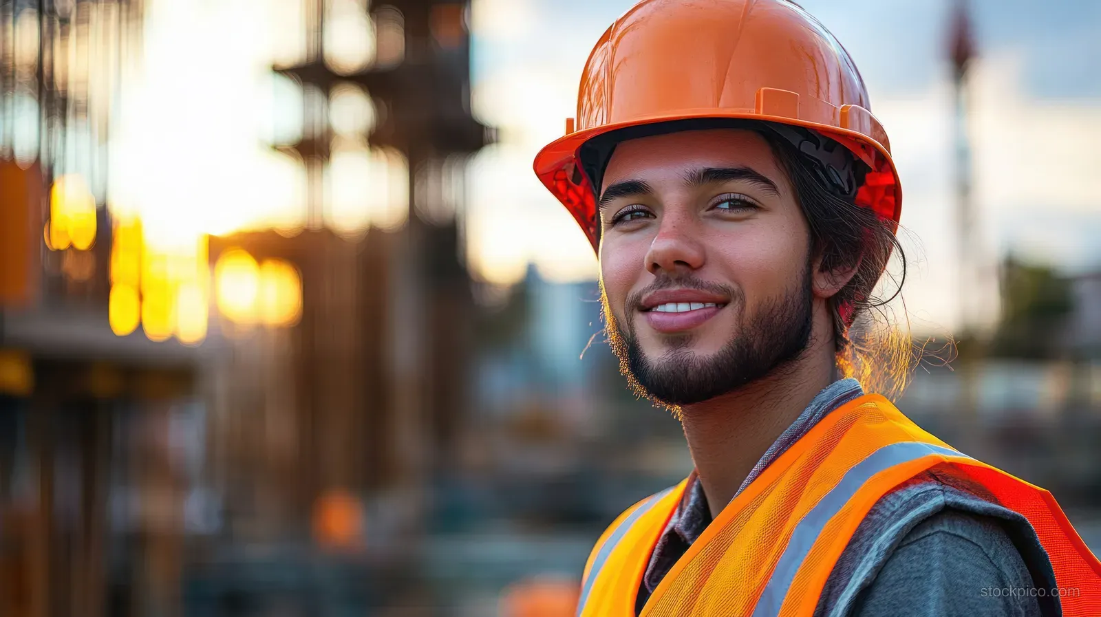 Female construction worker in an orange hard hat and safety vest with a blurred construction site behind her.