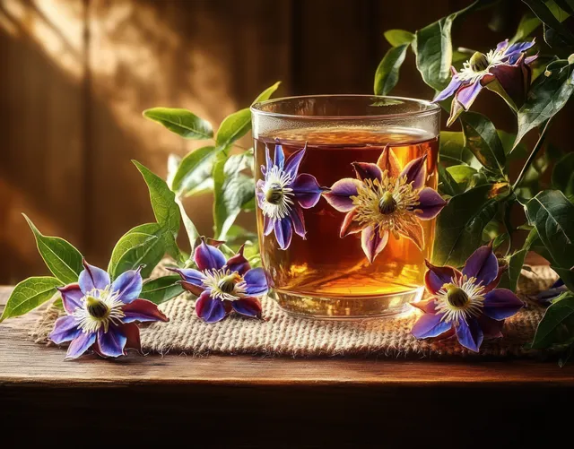 Amber tea in a glass on rustic wood surrounded by purple passion flowers and green leaves in warm sunlight.