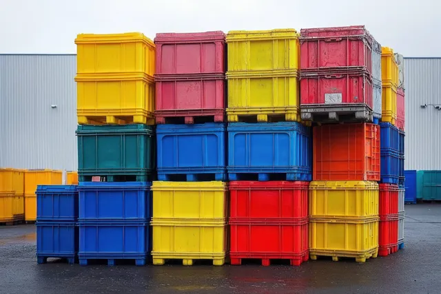 Colorful plastic storage containers stacked in an outdoor industrial yard with wet pavement.