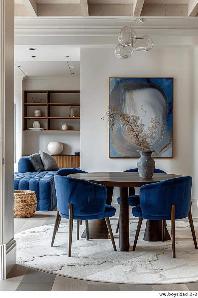 Minimalist dining area with blue chairs, a blue table, a round blue ottoman, and an abstract painting on white walls.