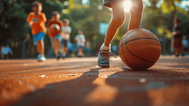 A boy dribbles a basketball on a sunlit playground court with children and parents in the background.