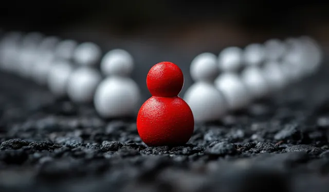 A red person figurine stands alone on dark textured pavement with a blurred gray crowd forming a semicircle.