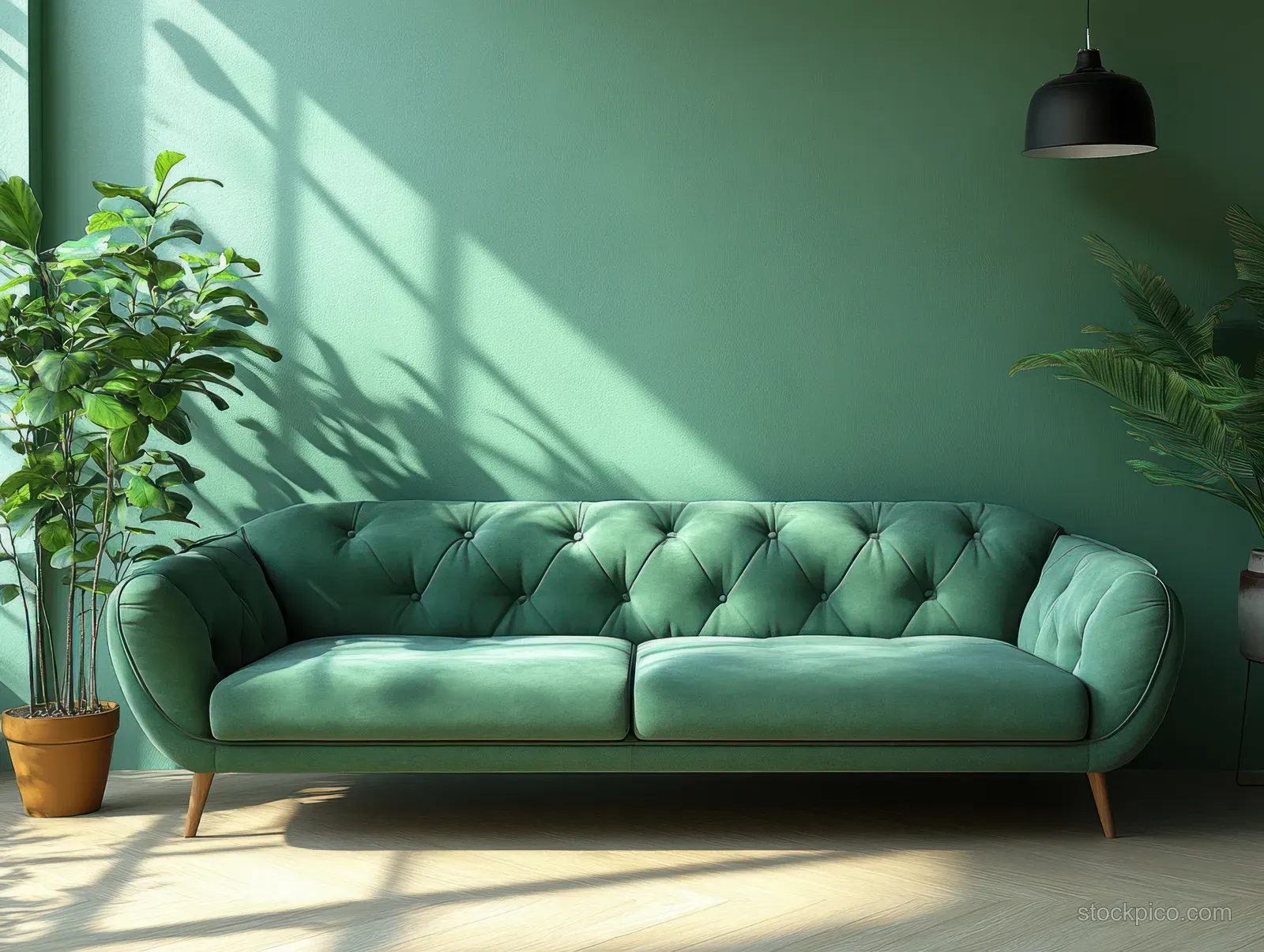 Teal green velvet sofa against a green wall with sunlit window shadows and potted plants nearby.
