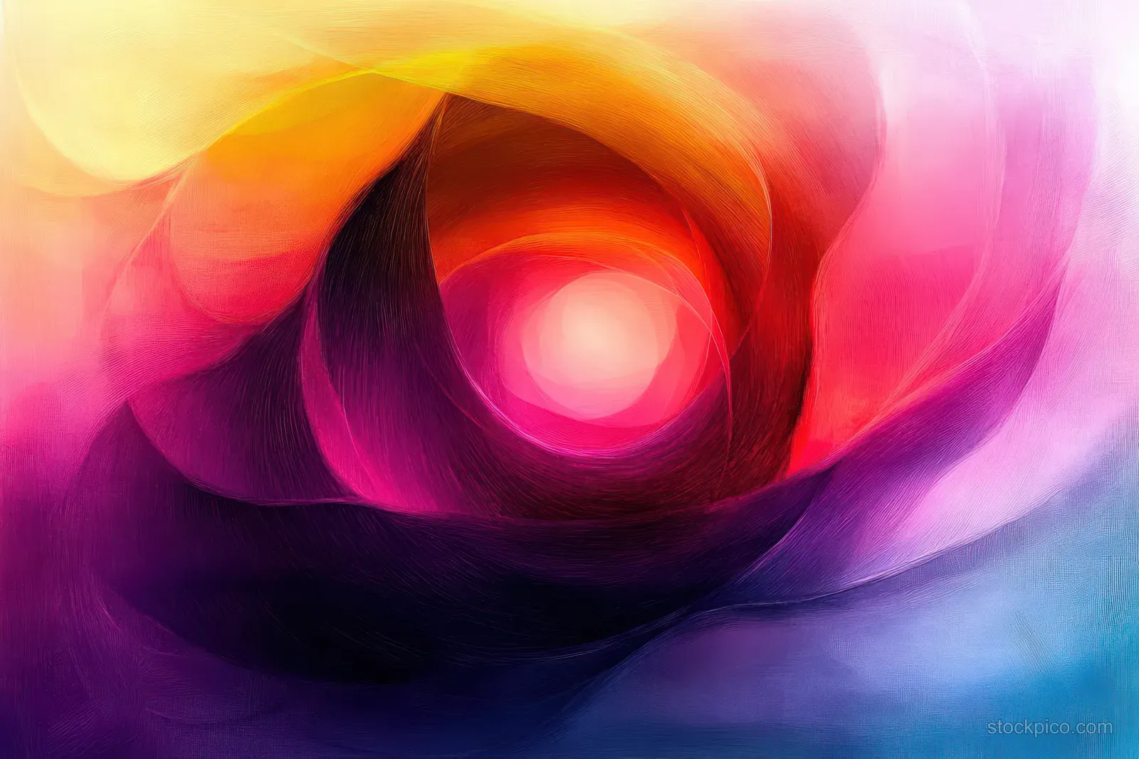 Abstract rose-like swirl pattern with a glowing center in pink, red, orange, purple, and blue.