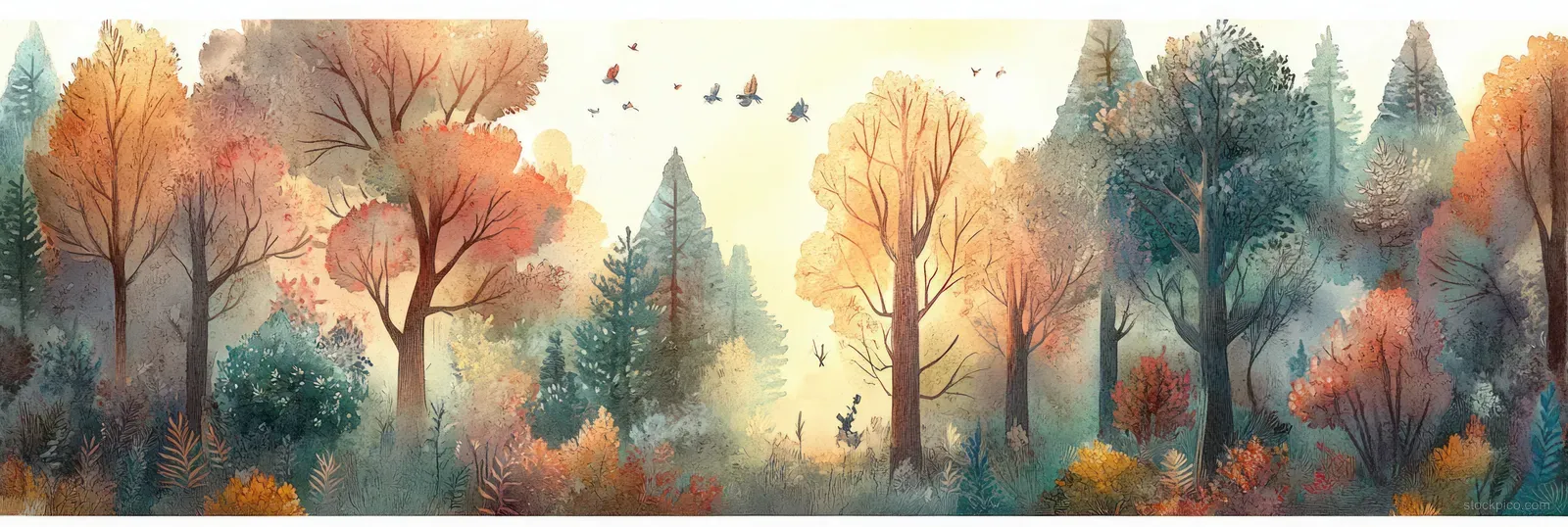 Watercolor forest panorama showing tall trees, soft pastel autumn foliage, and two birds in the sky.