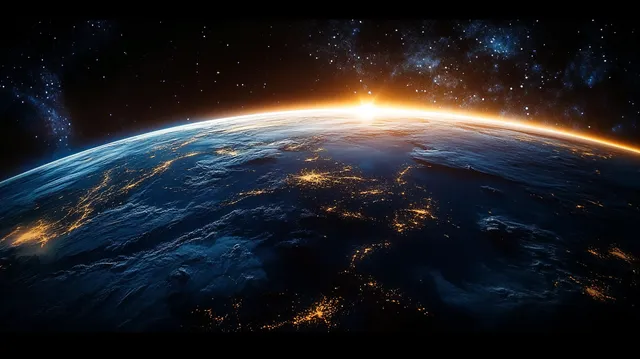 Sunrise illuminates Earth from orbit, city lights glowing along a blue atmosphere edge