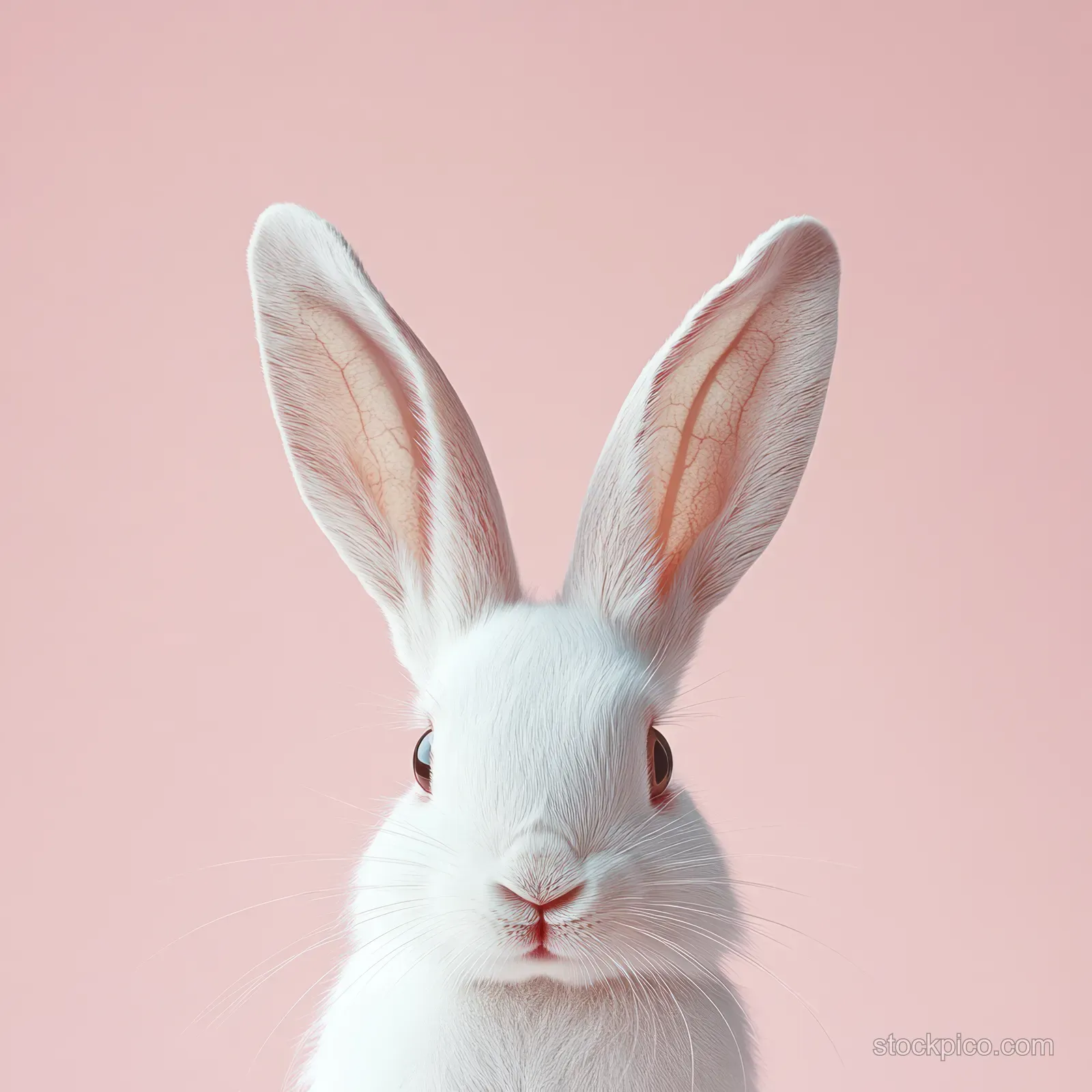 Close-up portrait of a white rabbit with upright ears and soft fur against a pastel pink background.