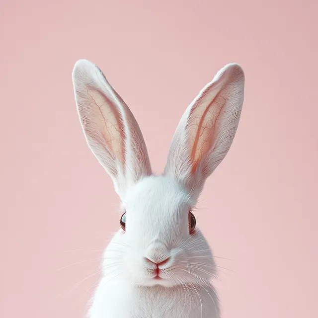 Close-up portrait of a white rabbit with upright ears and soft fur against a pastel pink background.