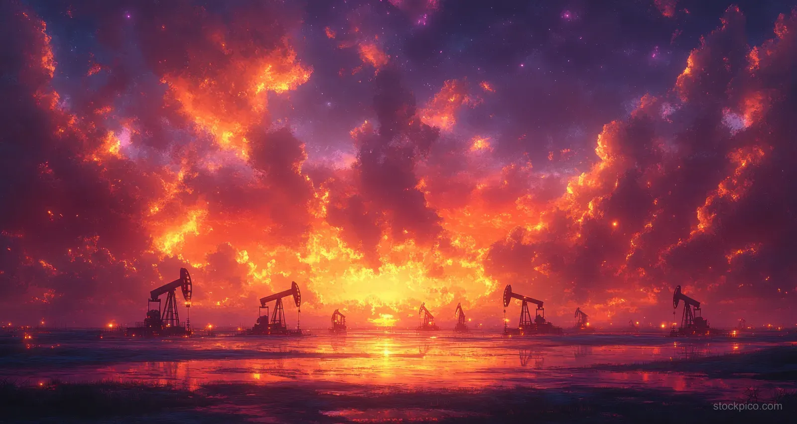 Oil drilling rigs silhouetted on an oilfield horizon beneath a fiery orange and purple sunset sky.