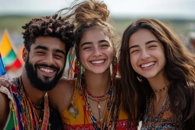 Three young adults smile together outdoors while wearing colorful bohemian clothing and jewelry with rainbow flags behind them.
