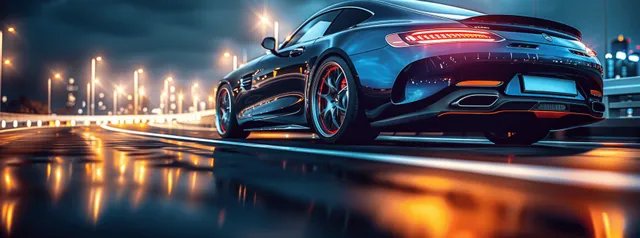 Black luxury sports car speeding on a night bridge road with city lights glowing in the blurred background.