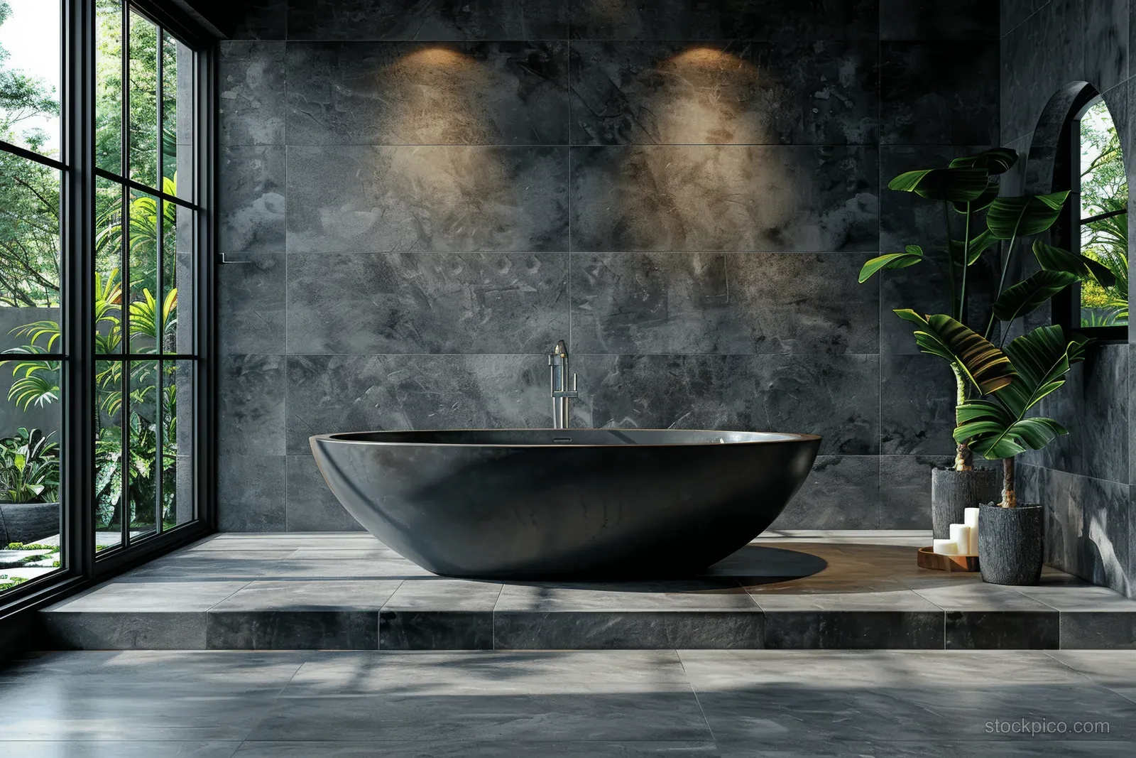 Minimalist bathroom with a black bathtub, marble basin, and garden view through tall windows.