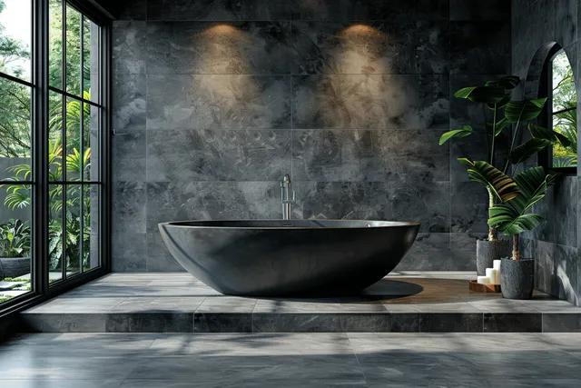 Minimalist bathroom interior with black freestanding tub, marble basin, and garden view windows with Wet Room Style
