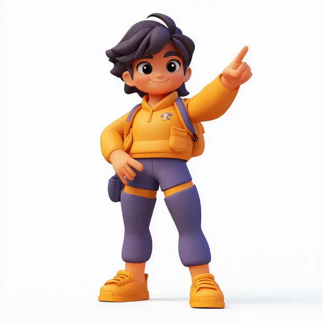 Smiling brunette girl in glasses pointing forward, 3D cartoon character on white background