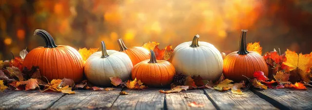 Orange and white pumpkins arranged on a rustic wooden table with autumn leaves in warm sunlight.
