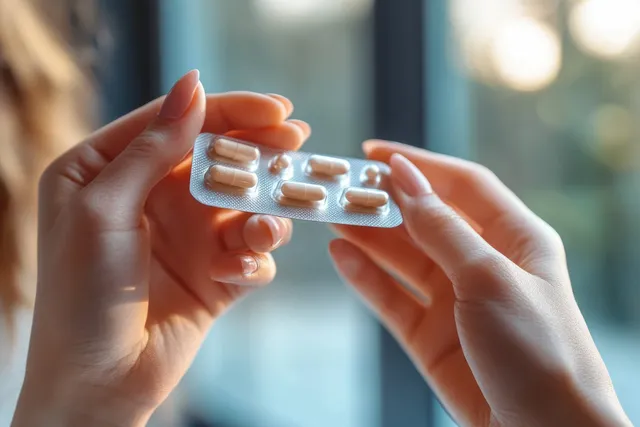 Young woman’s hands hold a painkiller tablet over a blister pack in a home setting.