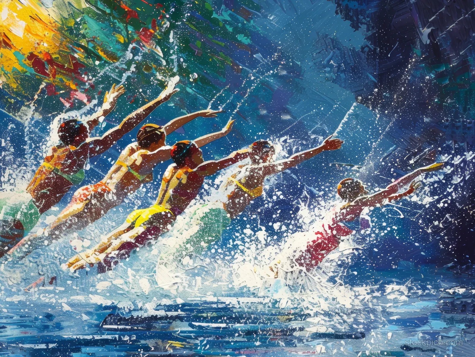 Italian synchronized swimmers in mid-routine spray water droplets under dramatic blue stage lighting.