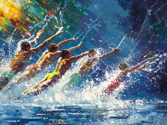 Italian synchronized swimmers in mid-routine spray water droplets under dramatic blue stage lighting.