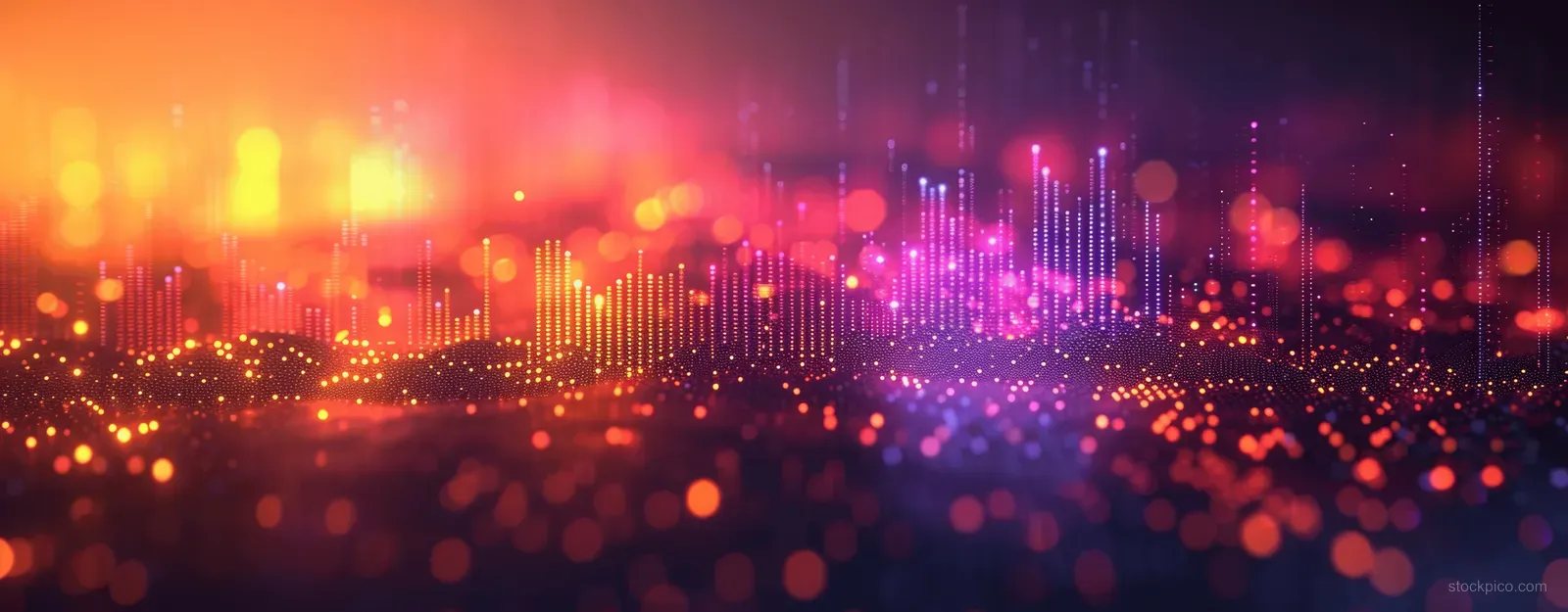 Multicolored sound-wave data lines and glowing points connect across a dark futuristic background.