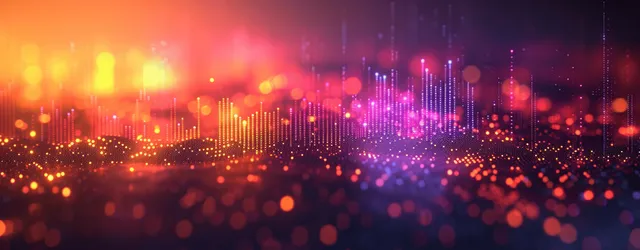 Glowing sound-wave data visualization over dark city lights with network connections