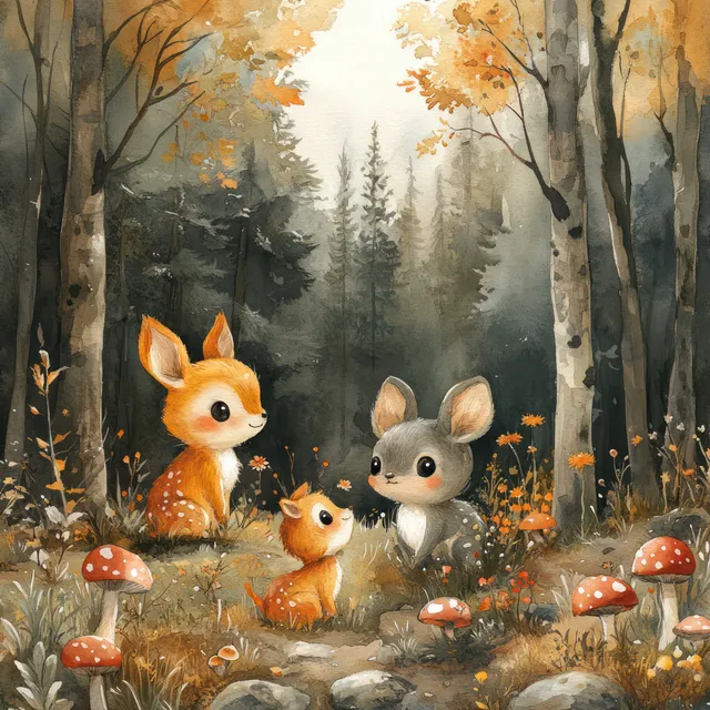 Watercolor forest scene with rabbits and a fox sitting among glowing mushrooms in misty autumn woods.