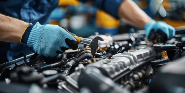 Mechanic Tightening Engine Parts Under Open Hood in Garage