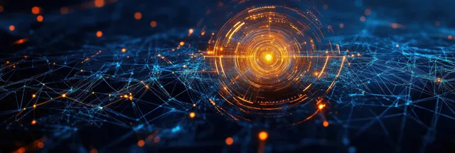 Glowing orange and blue network nodes with concentric data circles float above a wireframe globe.