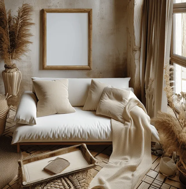 Empty wooden picture frame hangs above a cream sofa in a boho living room with neutral cushions and dried decor.