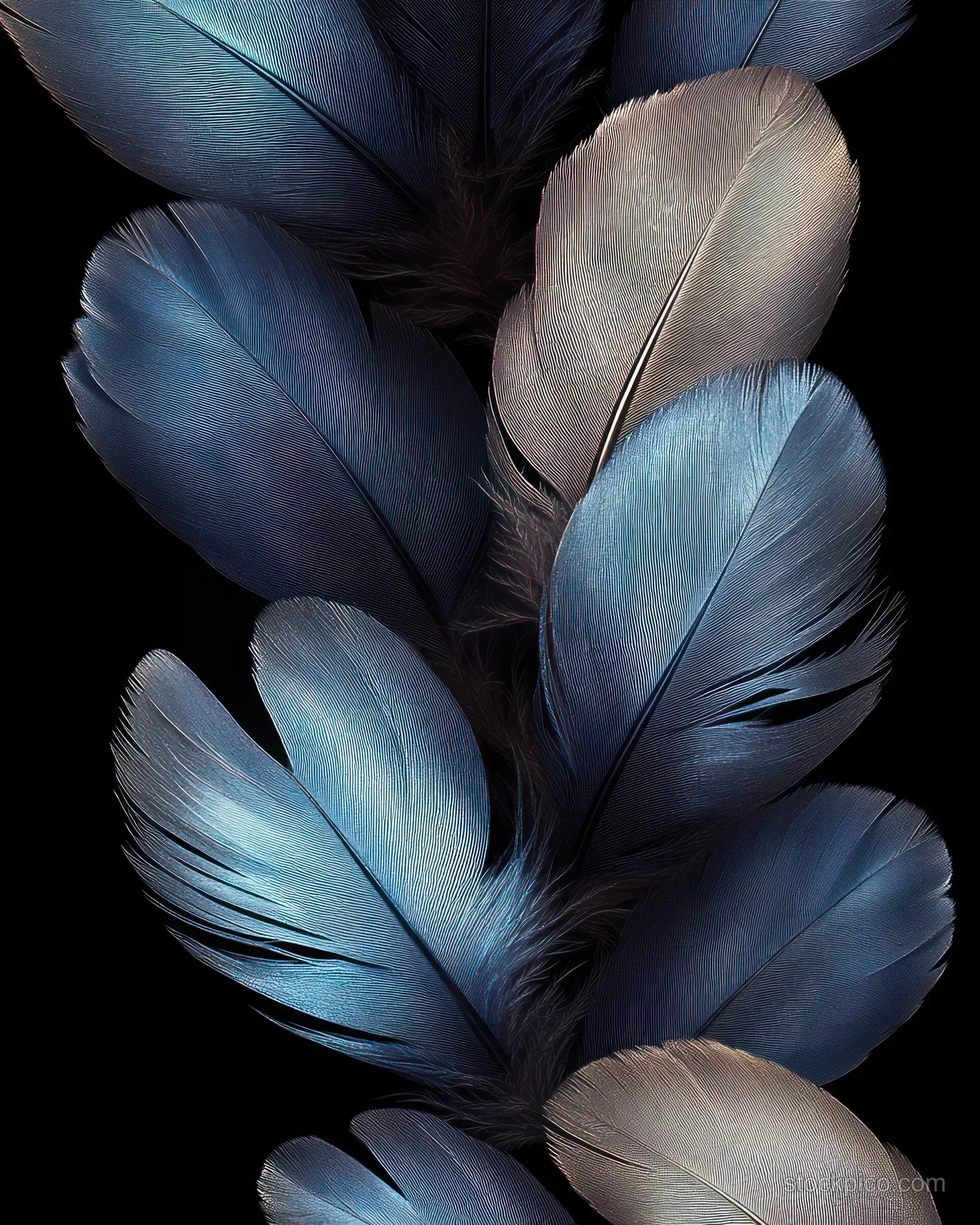 Blue and beige feathers are fanned on a black background, showing fine layered texture and subtle reflections.