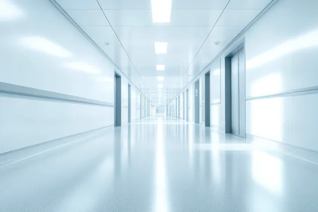 Empty bright hospital corridor with blue-gray walls, glass panels, and overhead lights stretching into the distance.