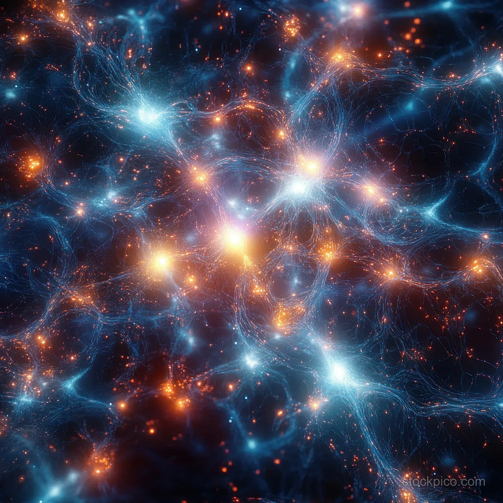 Glowing bioluminescent nodes connected by luminous lines form a neural network pattern over deep space stars.