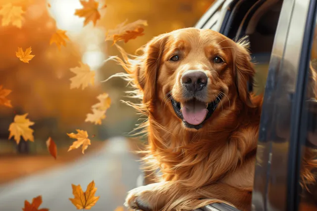 Golden retriever head out of a car window with autumn leaves and sunlit wind during a road trip.