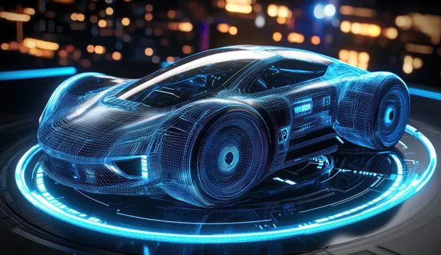Futuristic blue holographic sports car wireframe rotating on digital platform with neon city lights