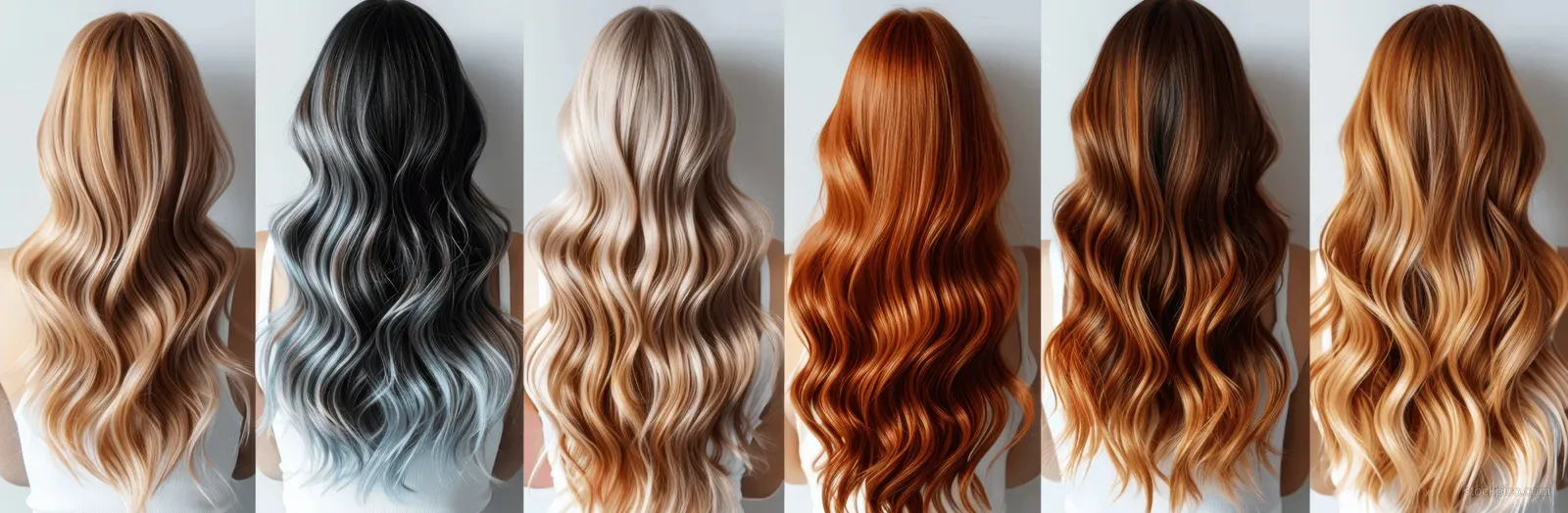 Back view hair swatches of women with wavy dyed hair in multiple colors.